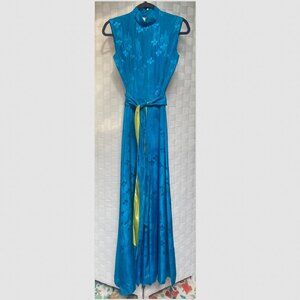 Vintage 1960s Dynasty 100% Silk Embossed Turquoise Belted Jumpsuit 10 Hong Kong